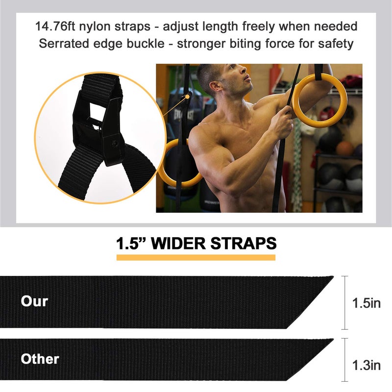 PACEARTH Gymnastic Rings Orange/Green/Red/Black/Grey 1100lbs Capacity with 14.76ft Adjustable Buckle Straps Pull Up Exercise Rings Non-Slip Rings for Home Gym Full Body Workout (Yellow) - Image 4